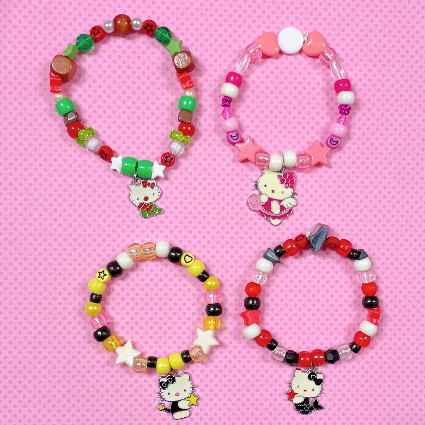 kawaii kitty 4 piece handmade kandi bracelet set!