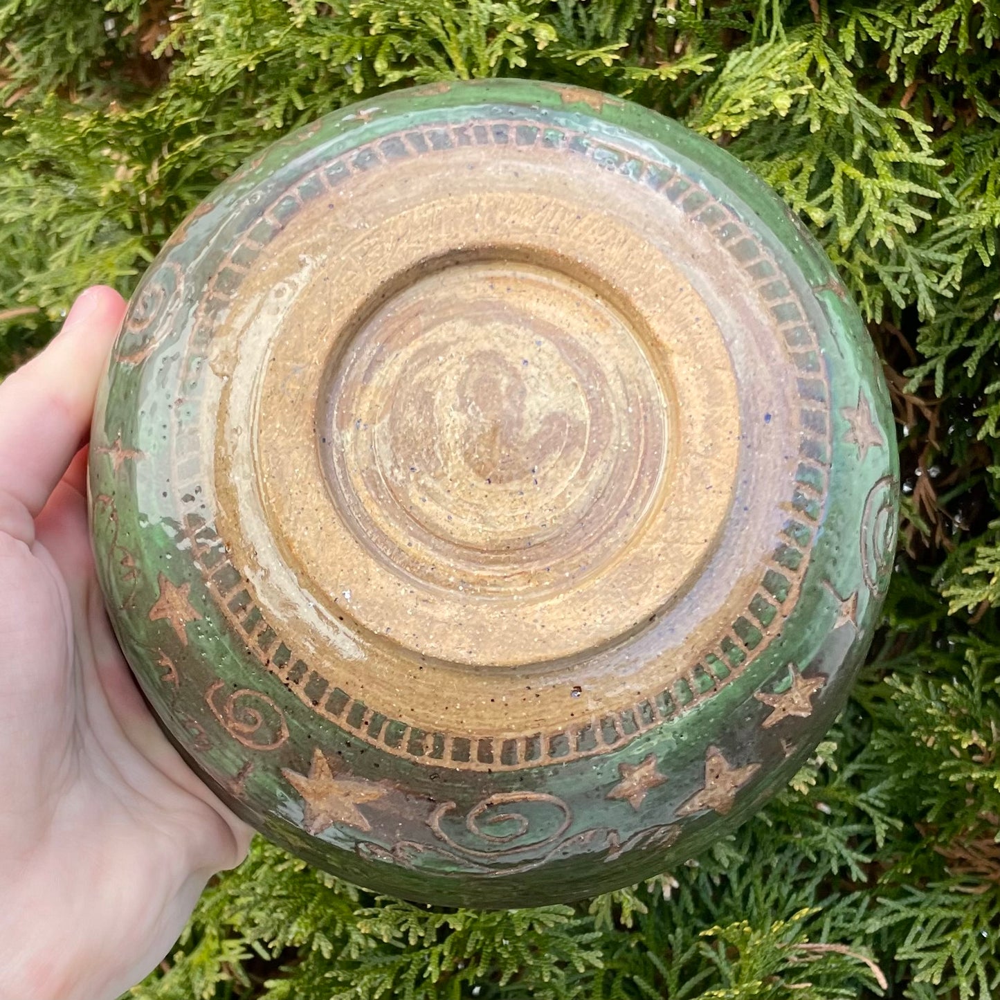 brown green puppy spiral wheel thrown ceramic stoneware bowl!