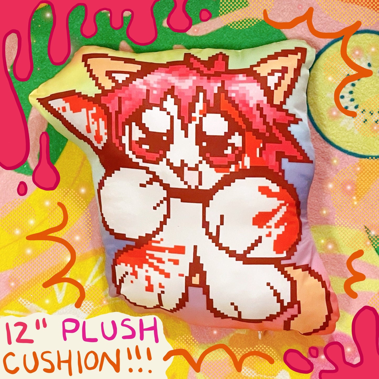 yancat yandere catgirl rainbow pixelart plush double sided pillow cushion! (12")