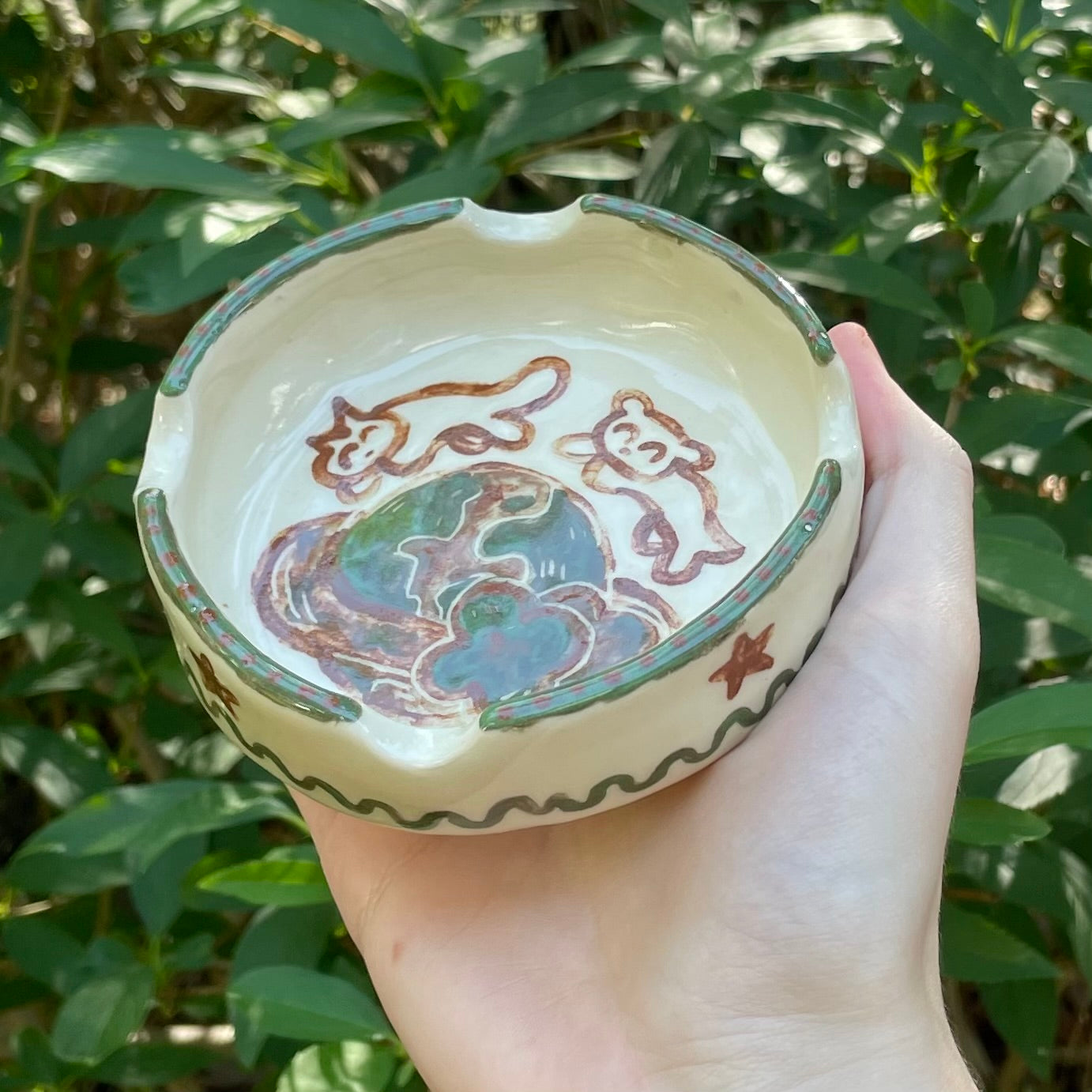 kitty puppy clover globe white brown green kawaii stoneware ceramic ashtray!
