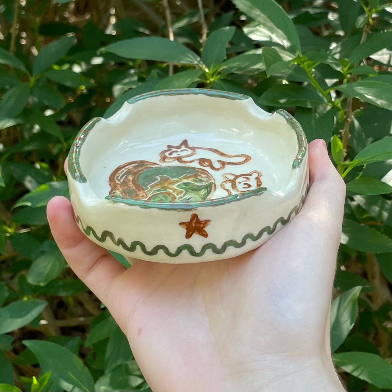 kitty puppy clover globe white brown green kawaii stoneware ceramic ashtray!