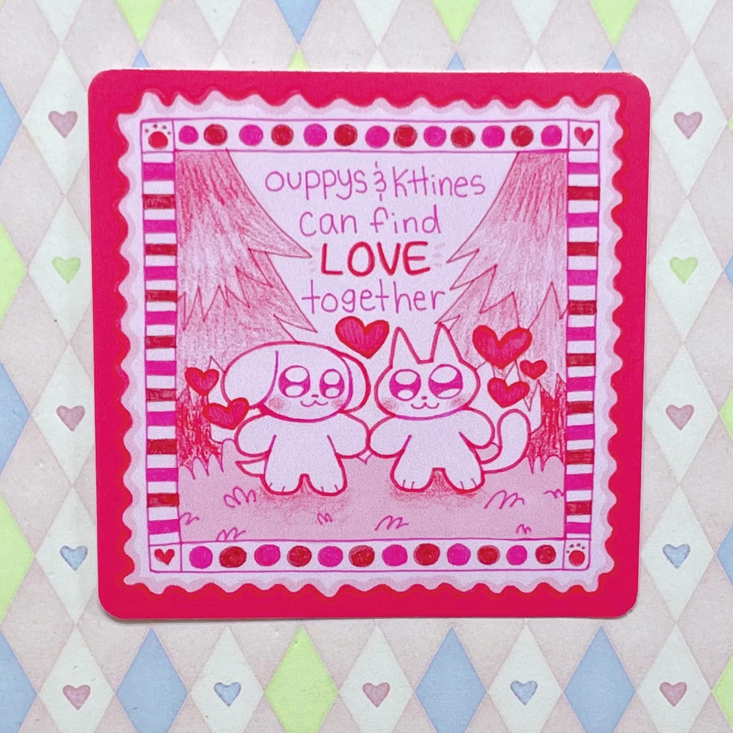 ouppys & kttines can find love together cute square vinyl sticker! (3")