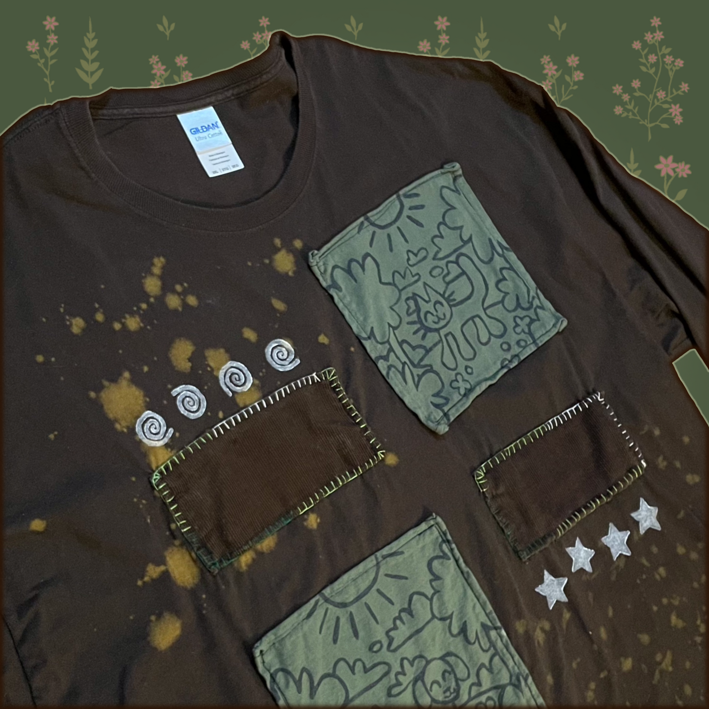 brown green star spiral kitty cat puppy dog long sleeve shirt! (2xlarge)