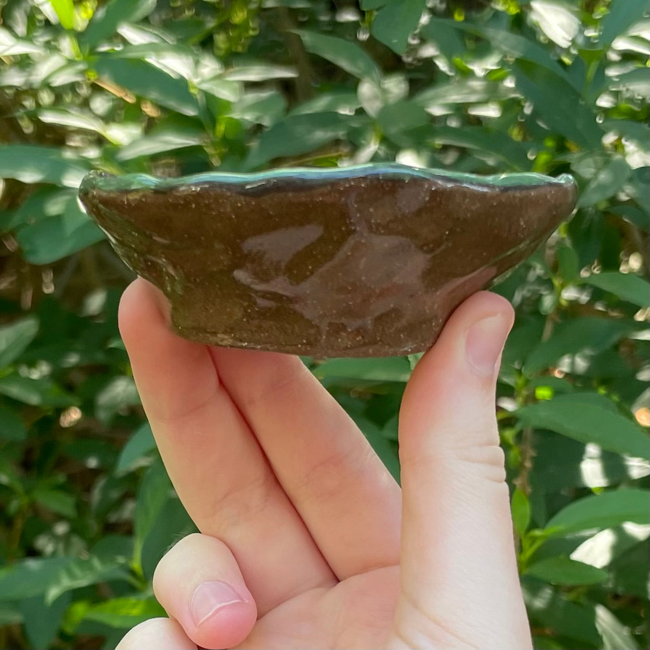 green & brown puppy dog woof handmade small ceramic stoneware dish!