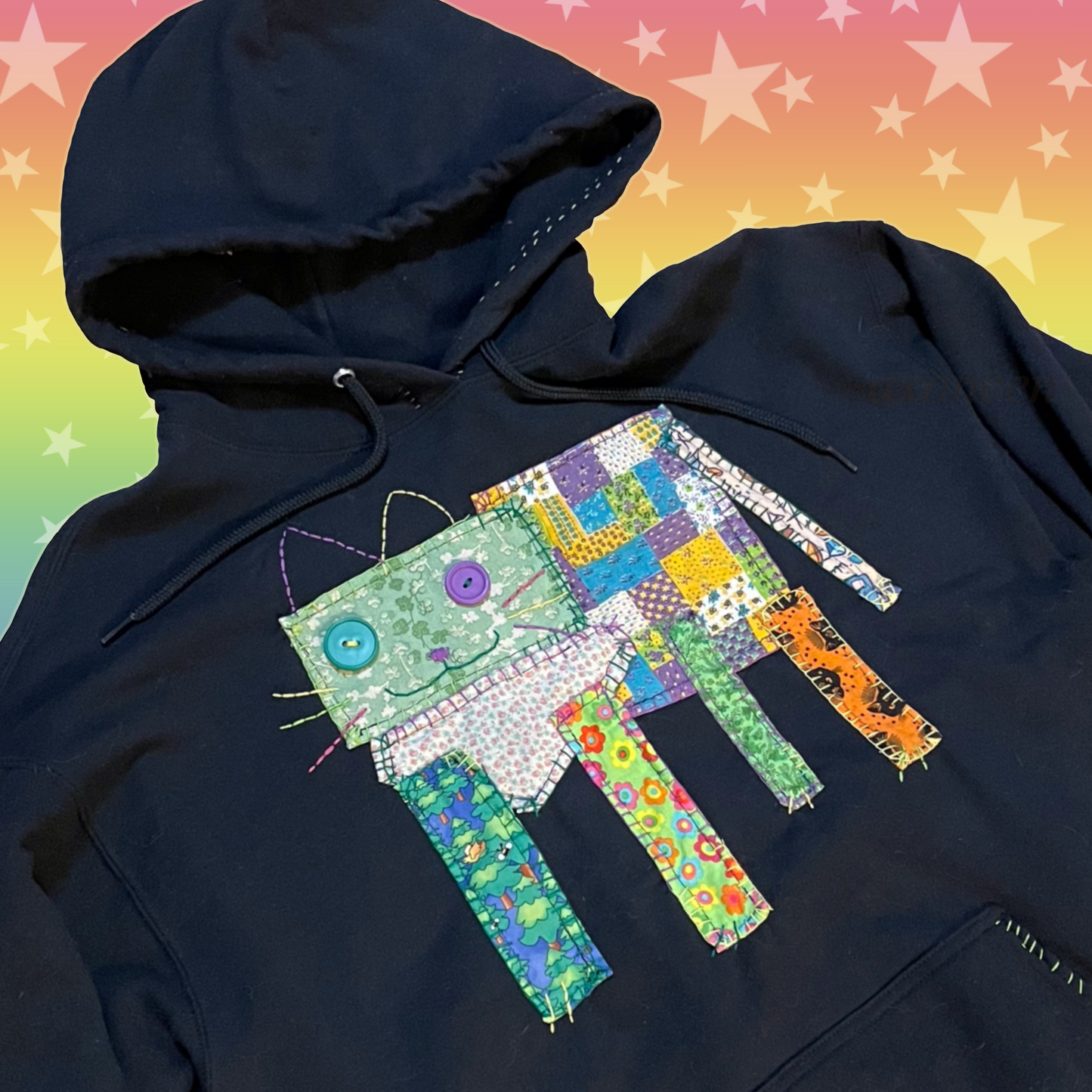 rainbow fabric scrap kitty cat hoodie! (xlarge)