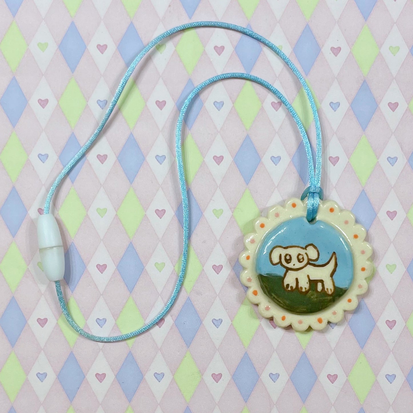 blue & white puppy dog kawaii ceramic stoneware necklace!