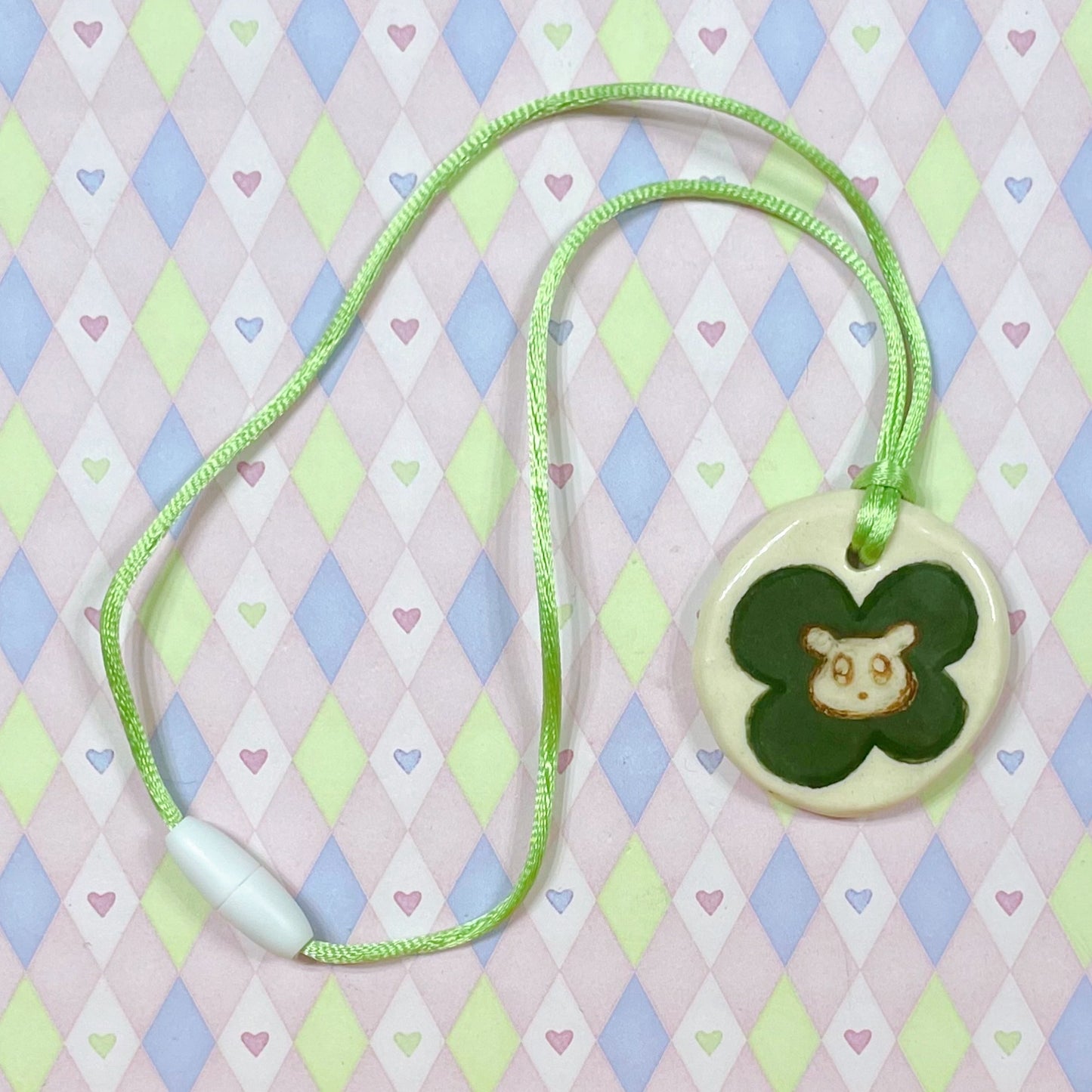 white & green cloverdog kawaii ceramic stoneware pendant necklace!