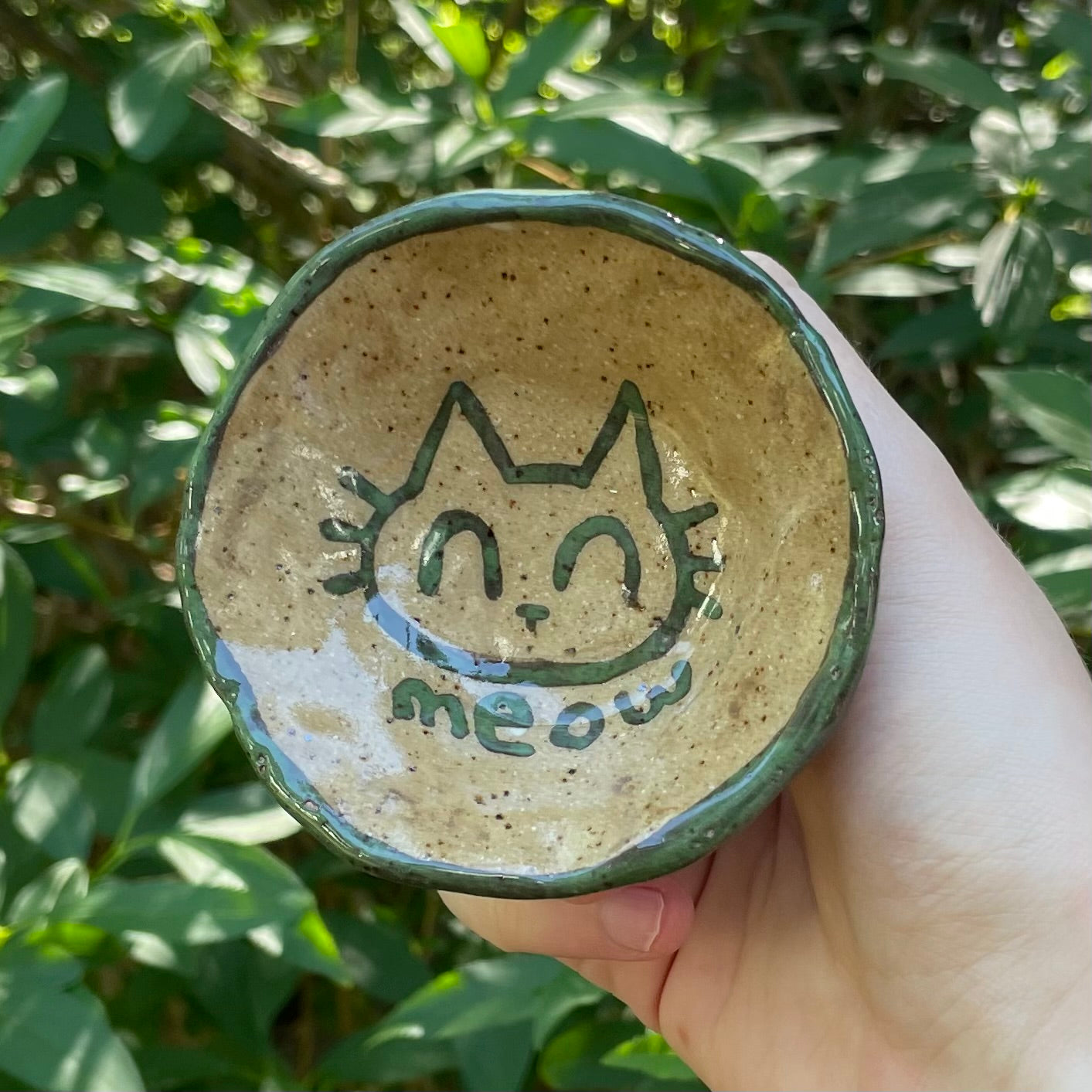 green & tan kitty cat meow handmade small ceramic stoneware dish!