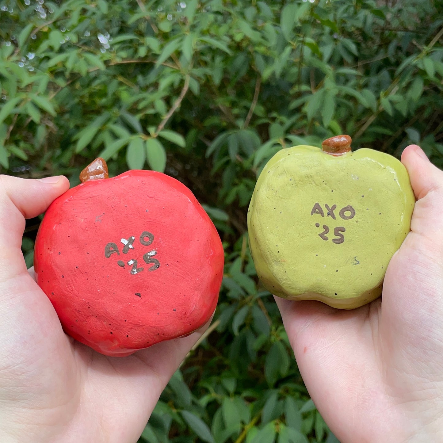 red & green apple handmade small ceramic stoneware trinket dishes!