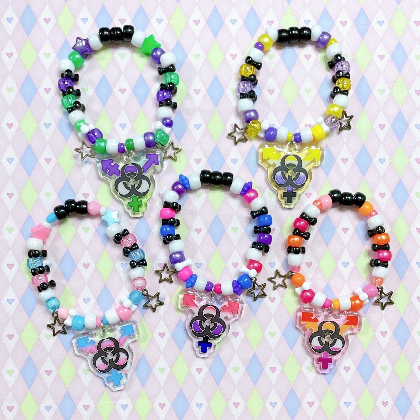 trans pride biohazard genderqueer genderfluid nonbinary lgbt punk handmade kawaii kidcore kandi bracelet!