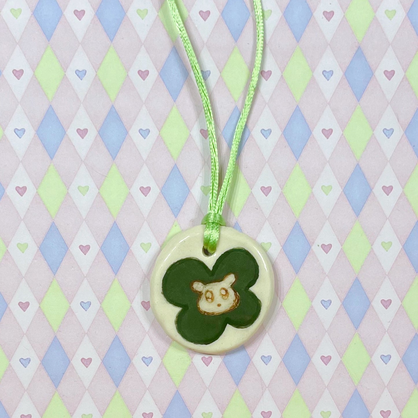 white & green cloverdog kawaii ceramic stoneware pendant necklace!