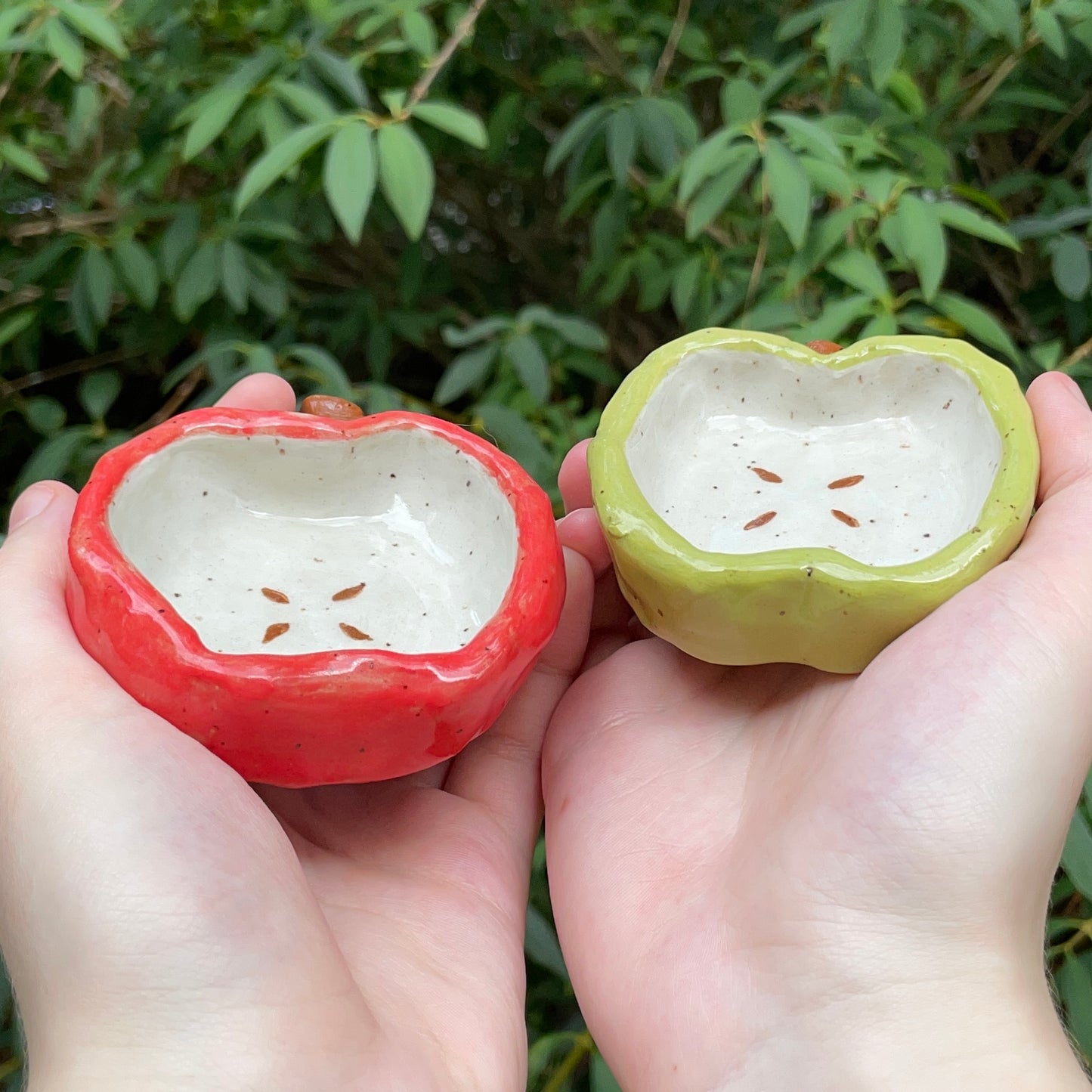 red & green apple handmade small ceramic stoneware trinket dishes!