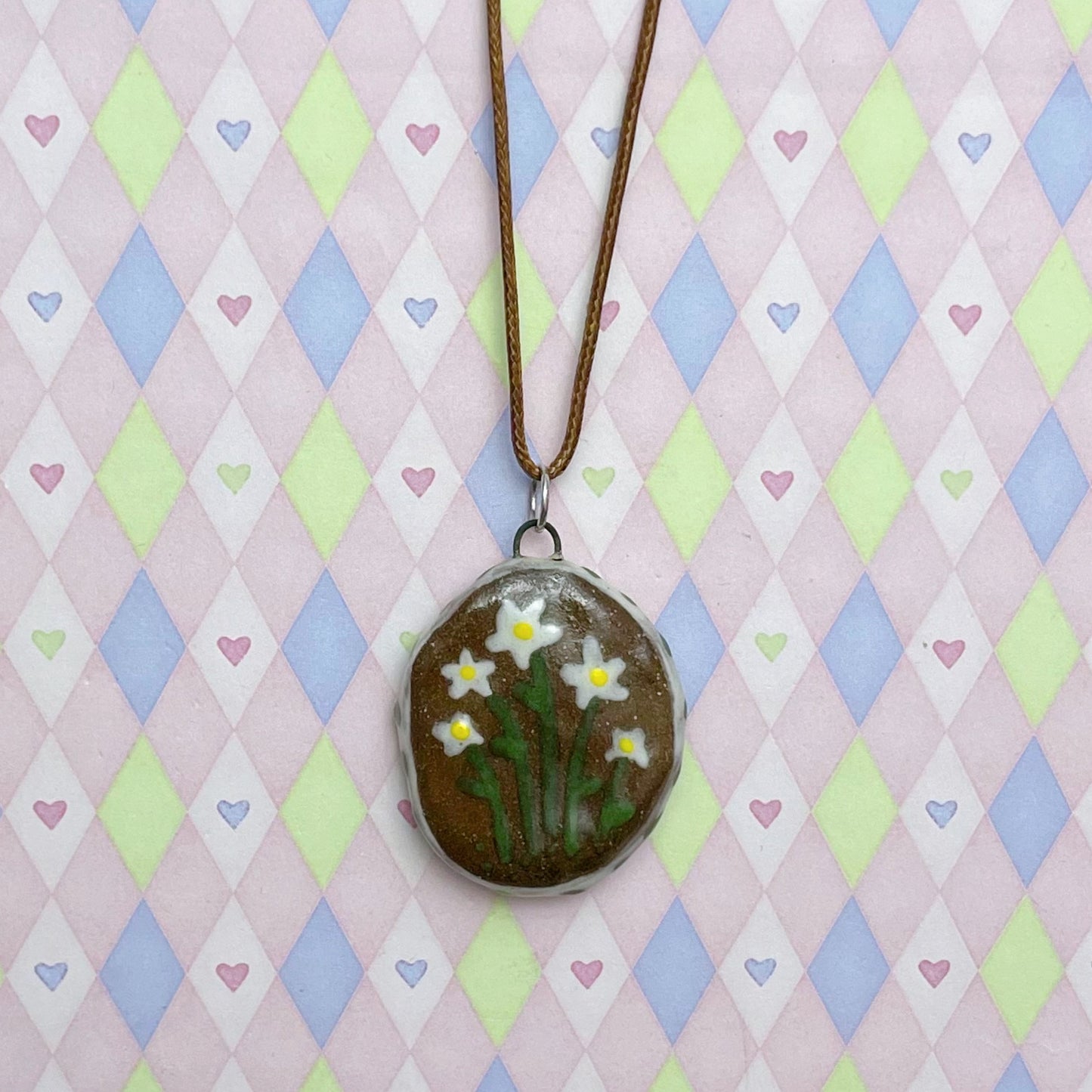 brown tan green daisy cute ceramic stoneware necklaces!