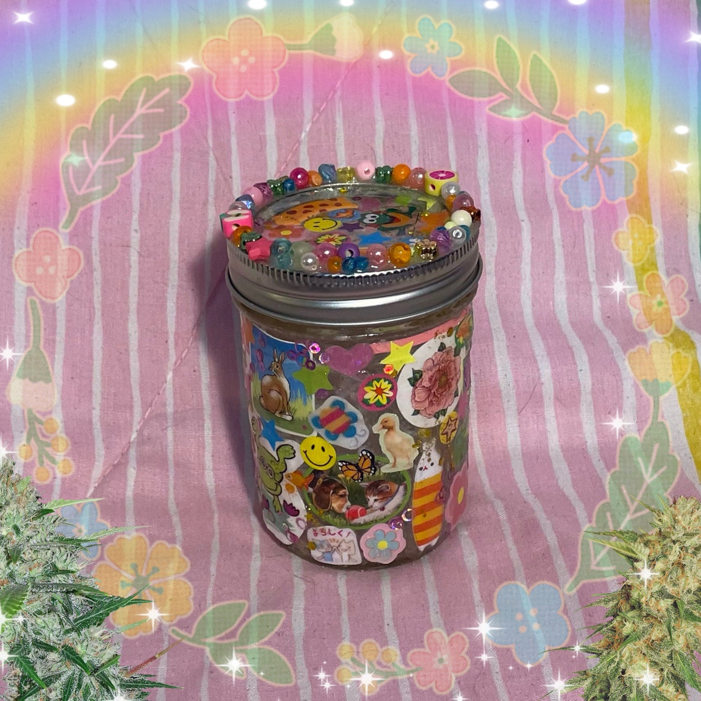 kawaii sticker glitter bead decoden rainbow collage glass stash mason jar! (8oz.)