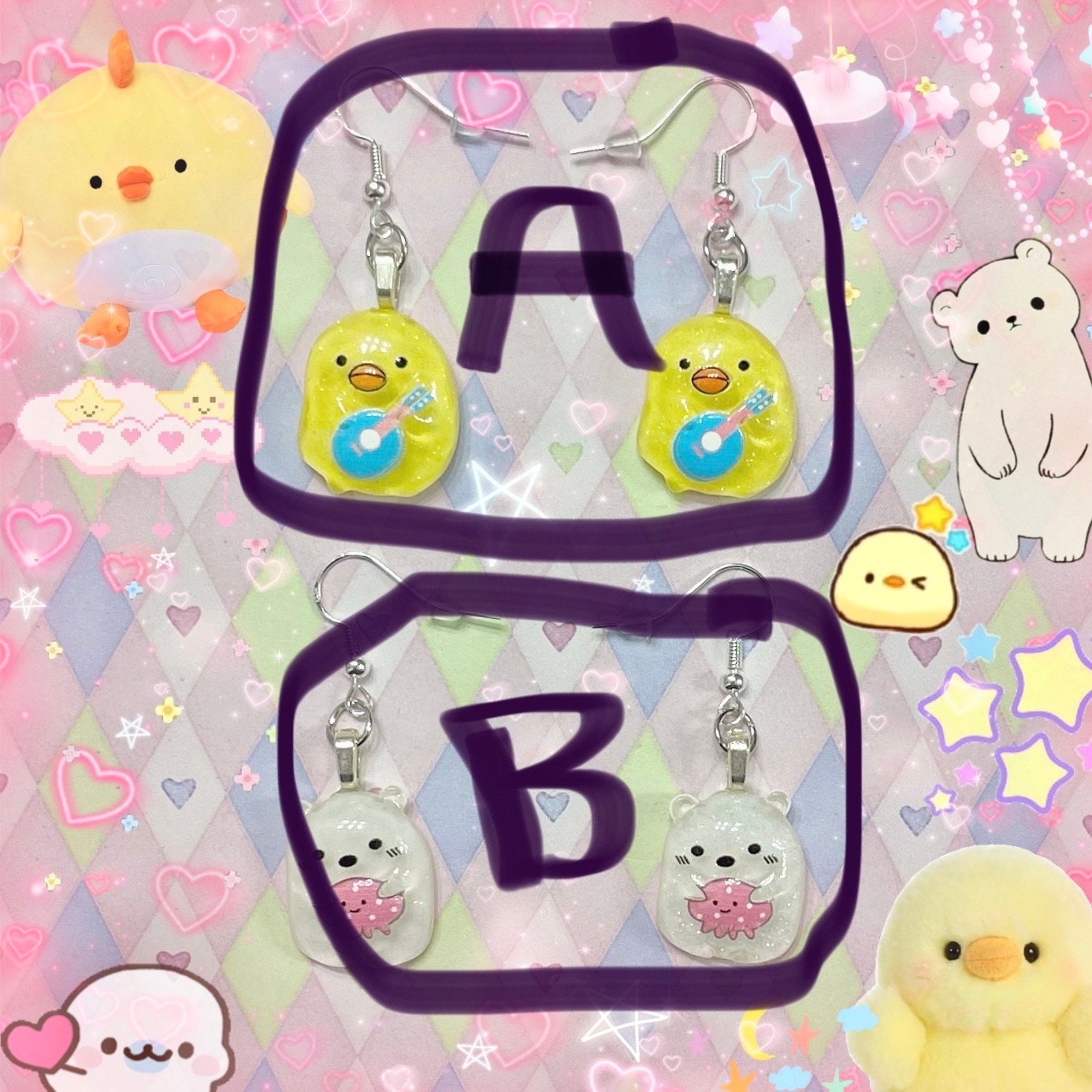 kawaii bear duck miniature pastel decora glitter kidcore cabochon dangle earrings!