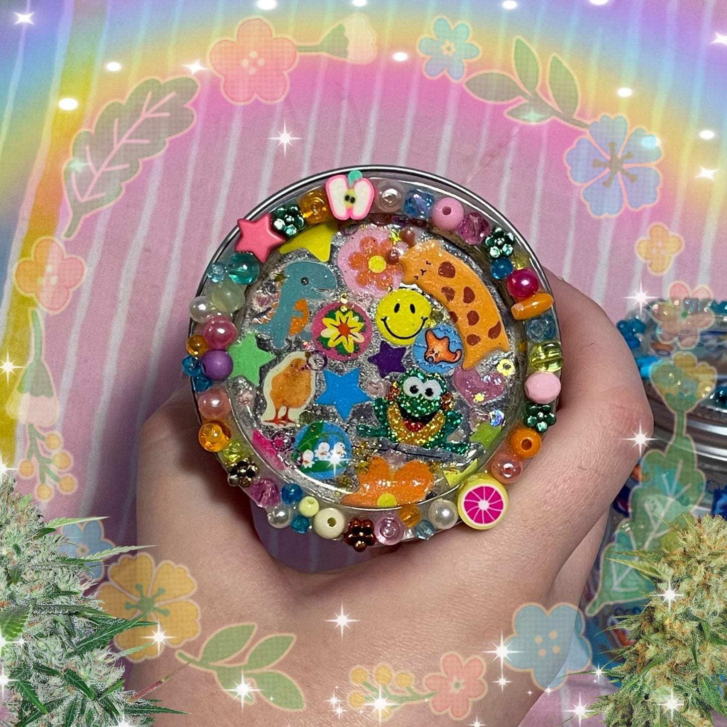 kawaii sticker glitter bead decoden rainbow collage glass stash mason jar! (8oz.)