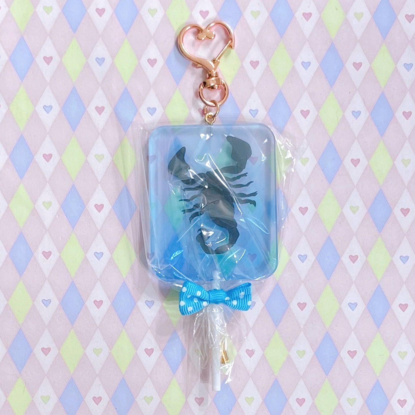 pink yellow blue scorpion lollipop fake candy creepy cute kawaii double sided transparent acrylic keychain! (3.5")