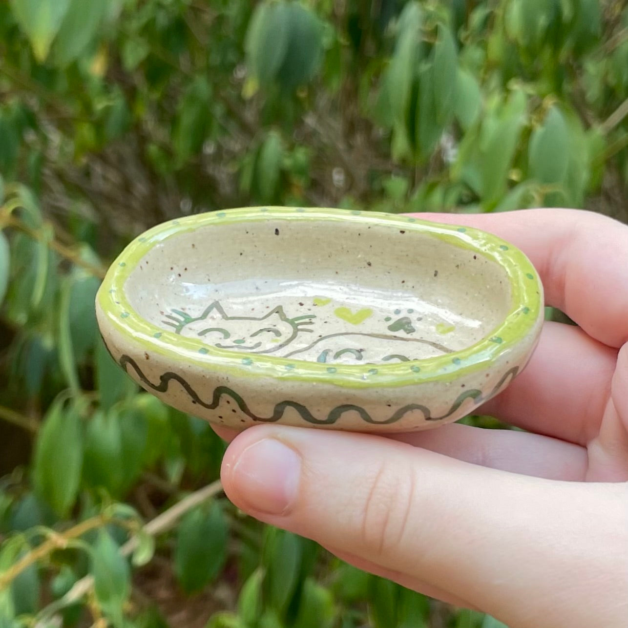 green puppy kitty handmade small ceramic stoneware oval trinket dish!