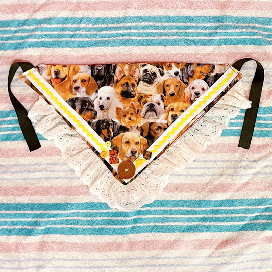 brown yellow puppy dog lace button fabric bandana!