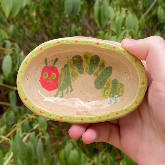 hungry caterpillar handmade small ceramic stoneware oval trinket dish!