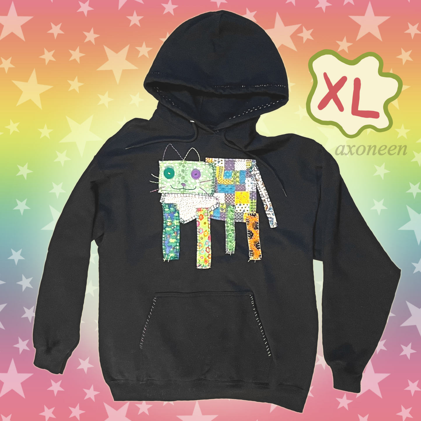 rainbow fabric scrap kitty cat hoodie! (xlarge)