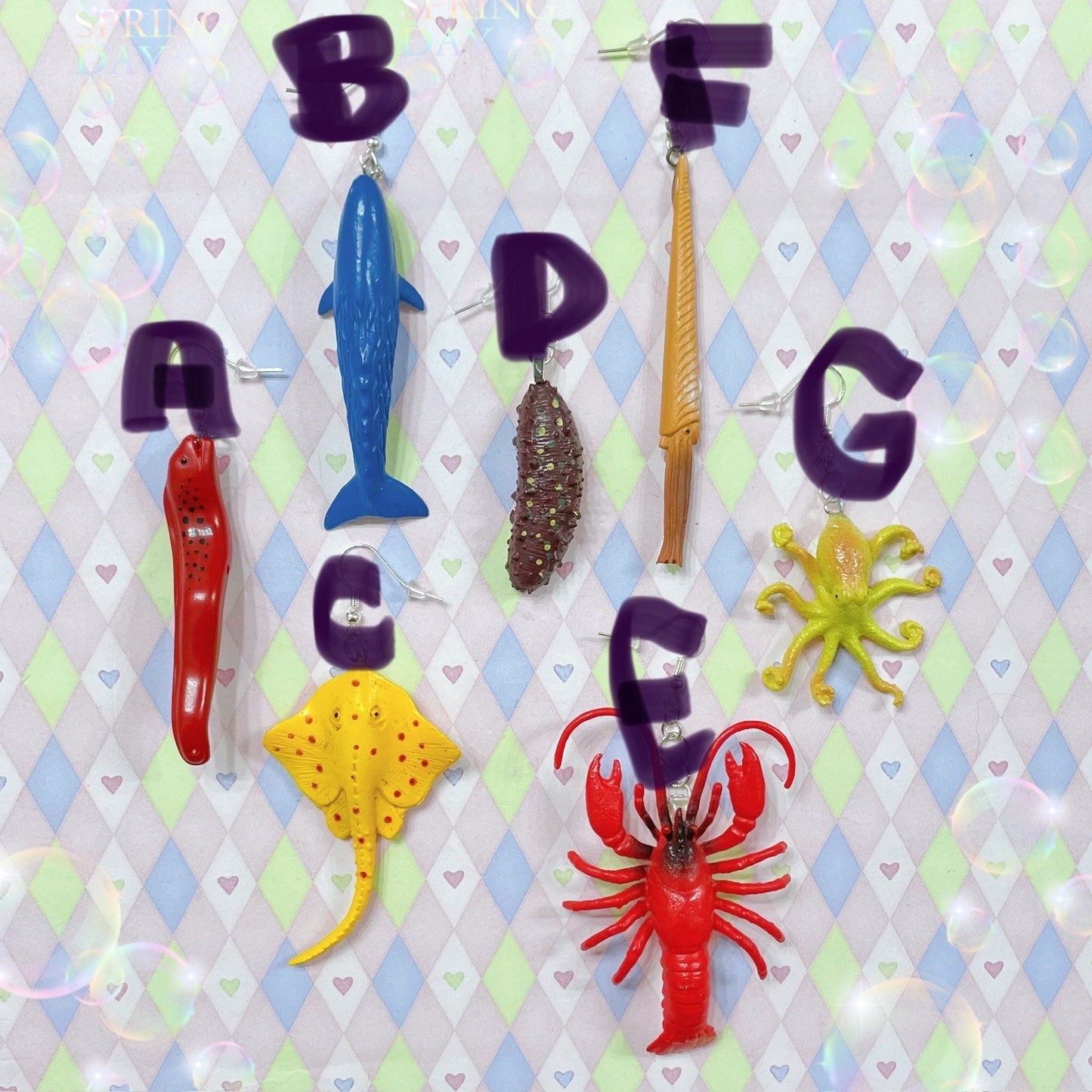 marine life underwater moray whale stingray sea cucumber lobster octopus kidcore upcycled plastic toy dangle earrings!