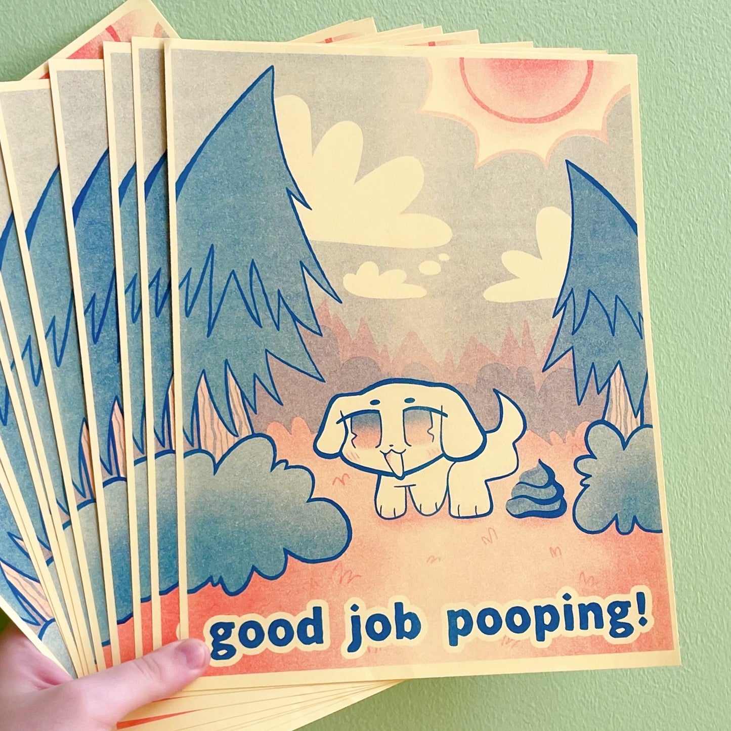 good job pooping funny kawaii puppy dog yellow red blue risograph print! (8.5" x 11")