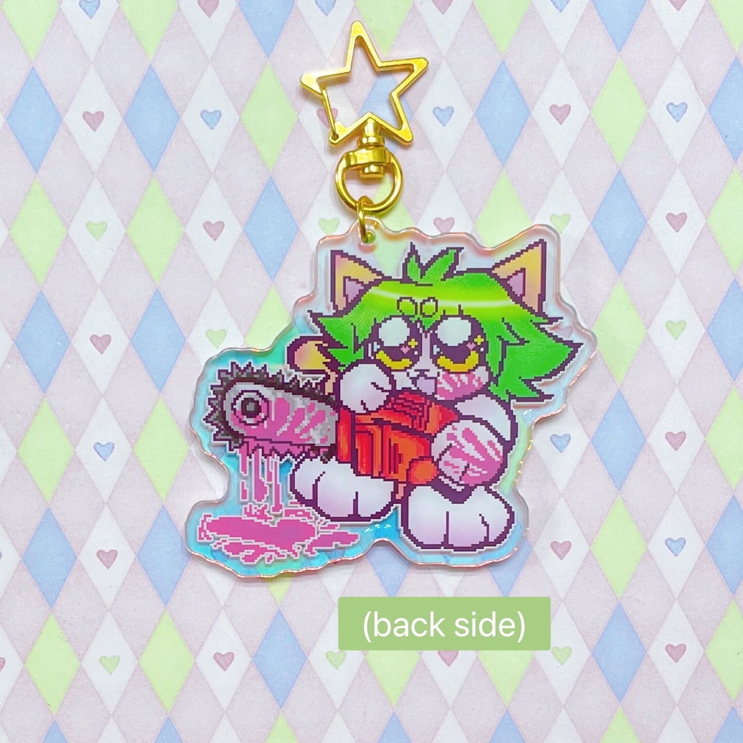yancat chainsaw yandere kitty double sided holographic epoxy acrylic keychain! (3")