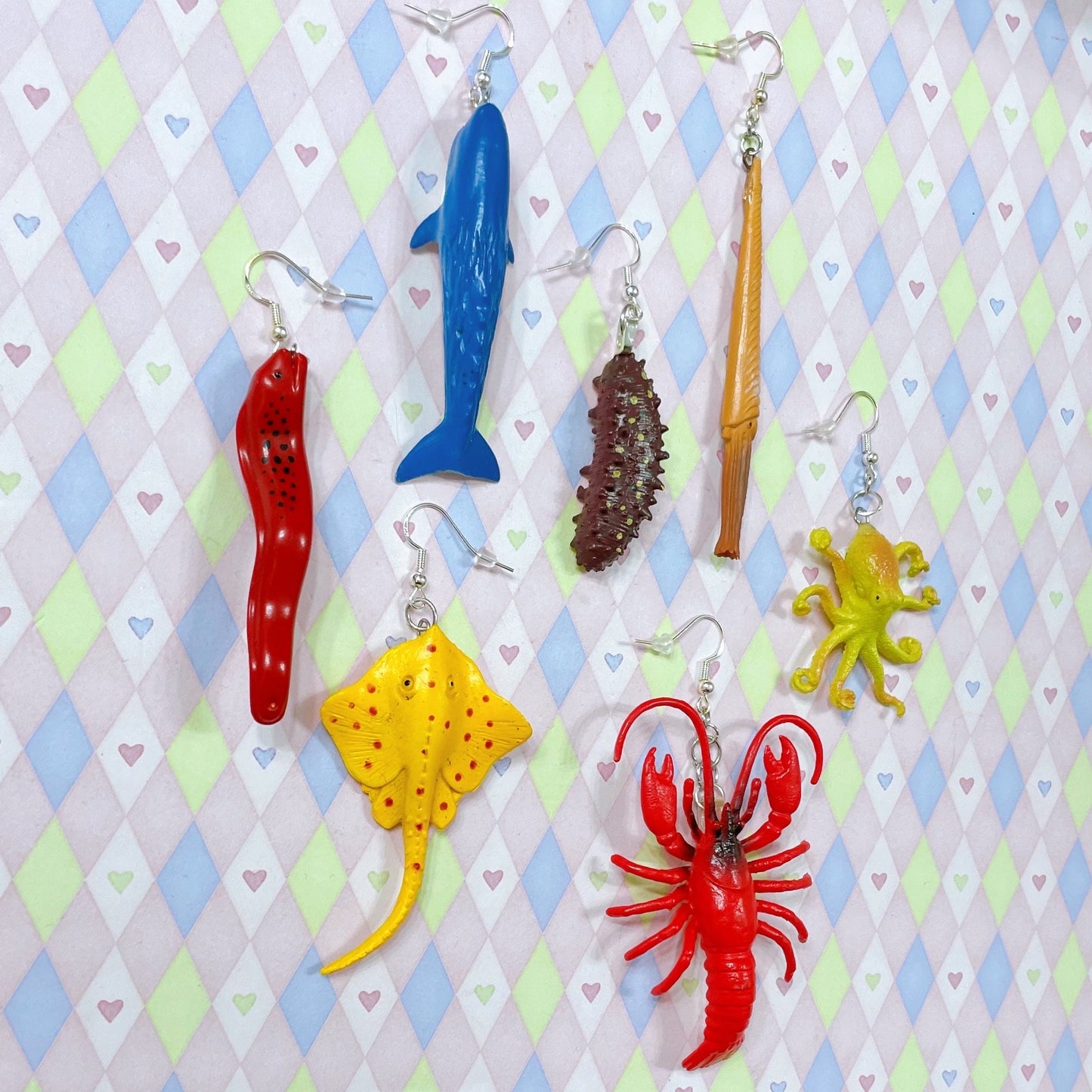 marine life underwater moray whale stingray sea cucumber lobster octopus kidcore upcycled plastic toy dangle earrings!