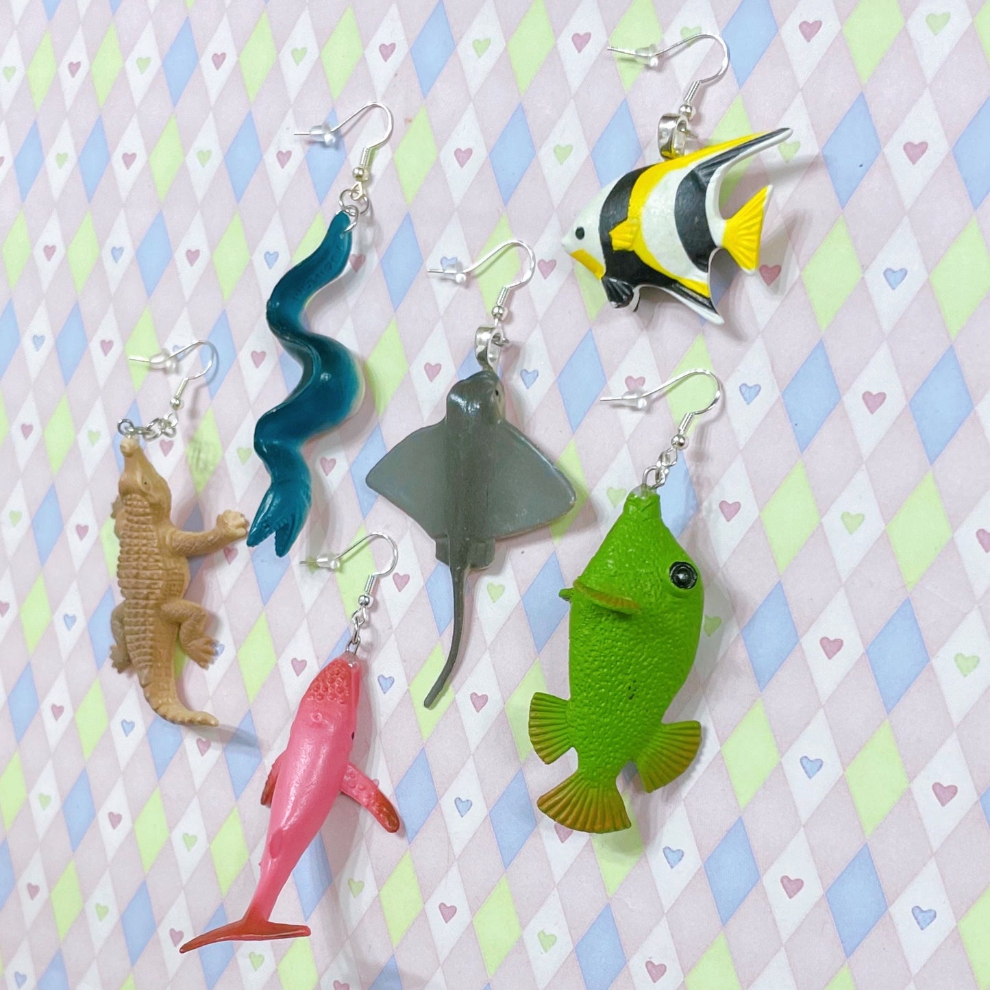 marine sealife underwater fish crocodile whale stingray moray angelfish kidcore upcycled plastic toy dangle earrings!