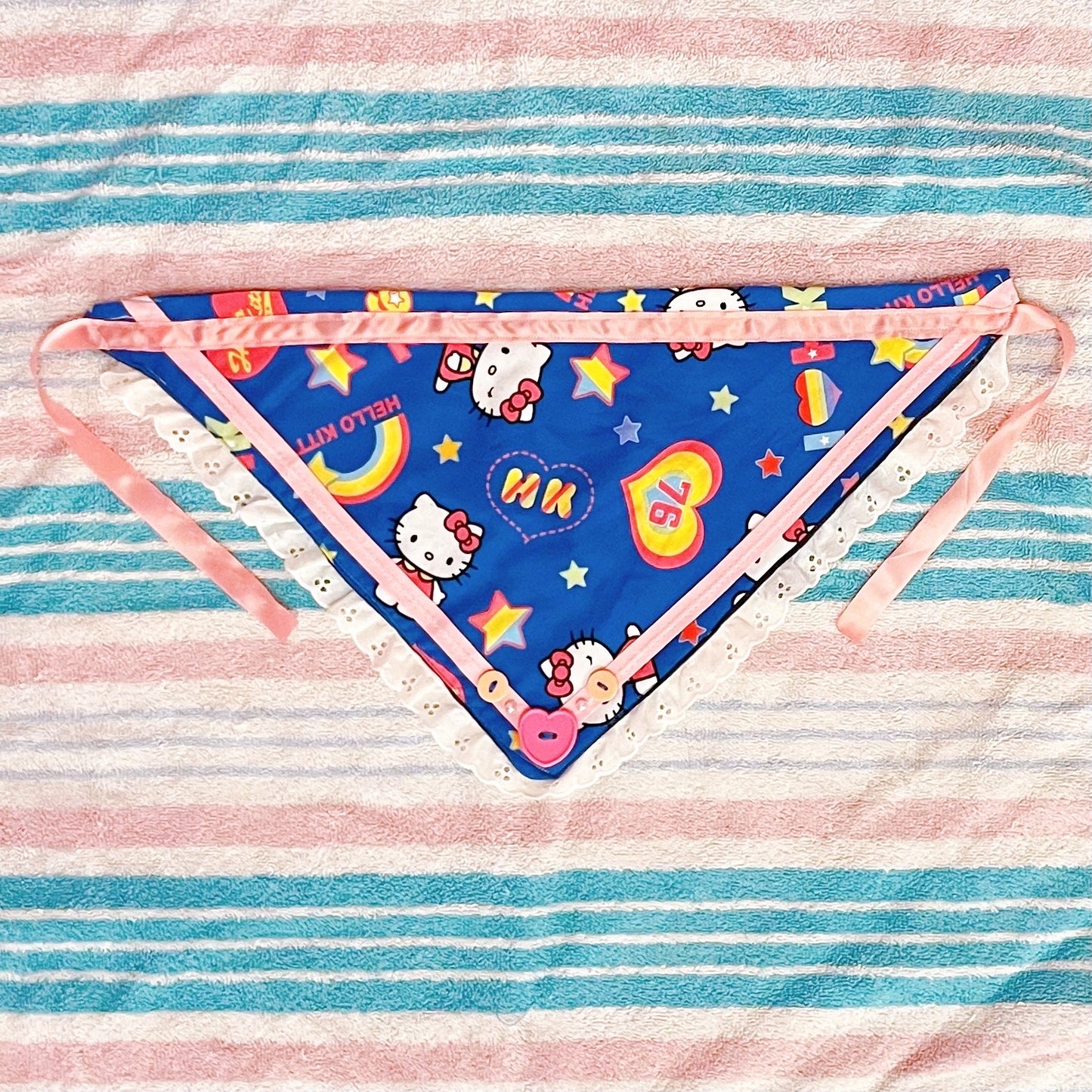 blue pink kawaii kitty lace button fabric bandana!
