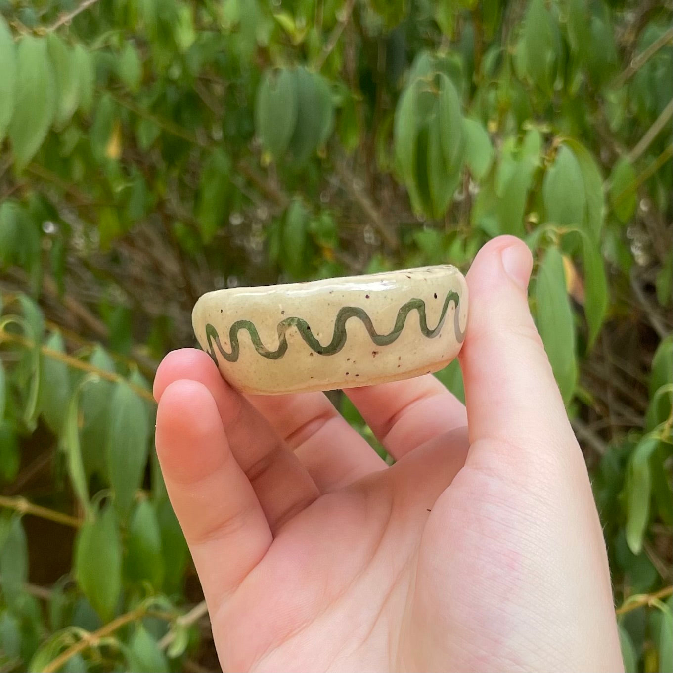 spiral flower brown green handmade small ceramic stoneware trinket dish!