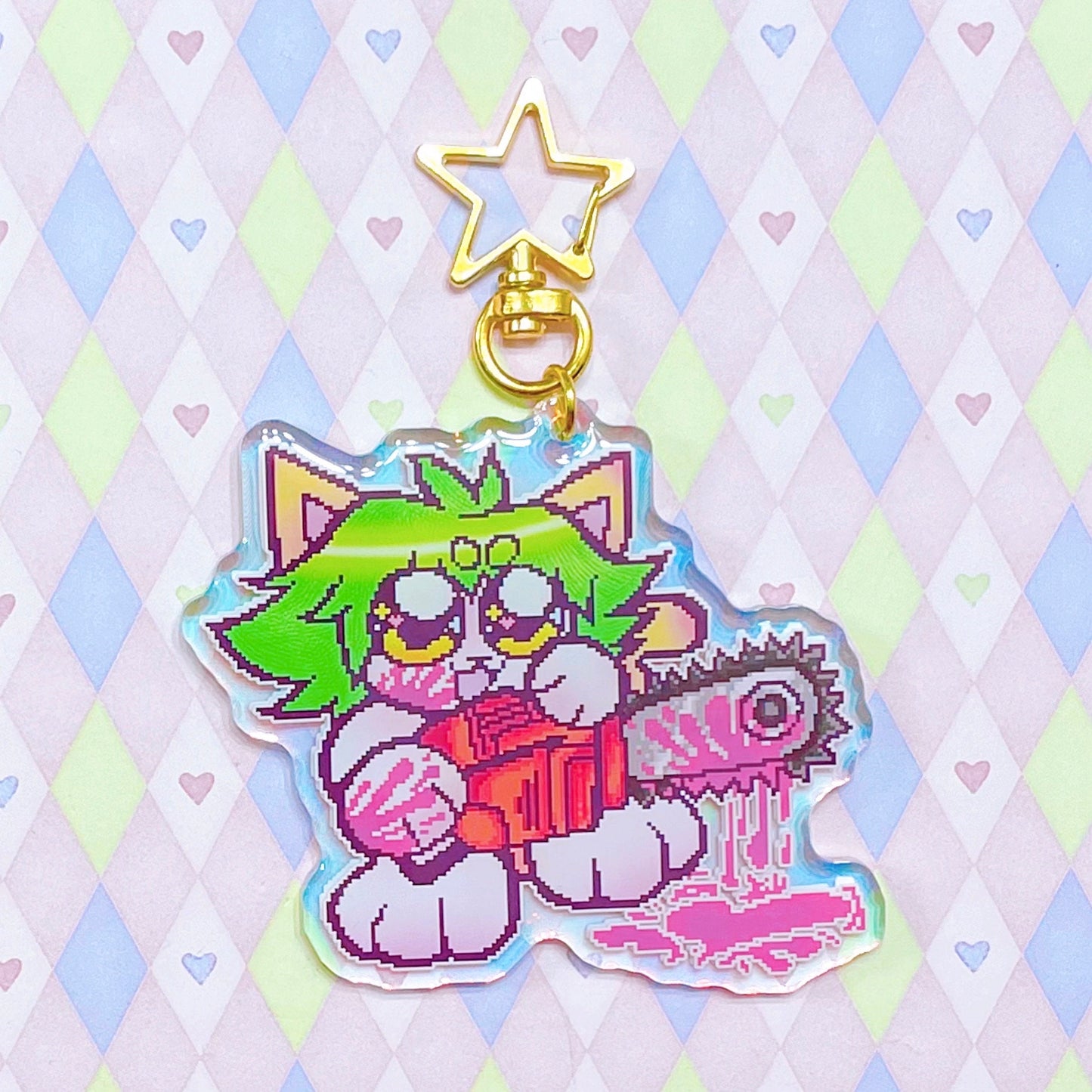 yancat chainsaw yandere kitty double sided holographic epoxy acrylic keychain! (3")