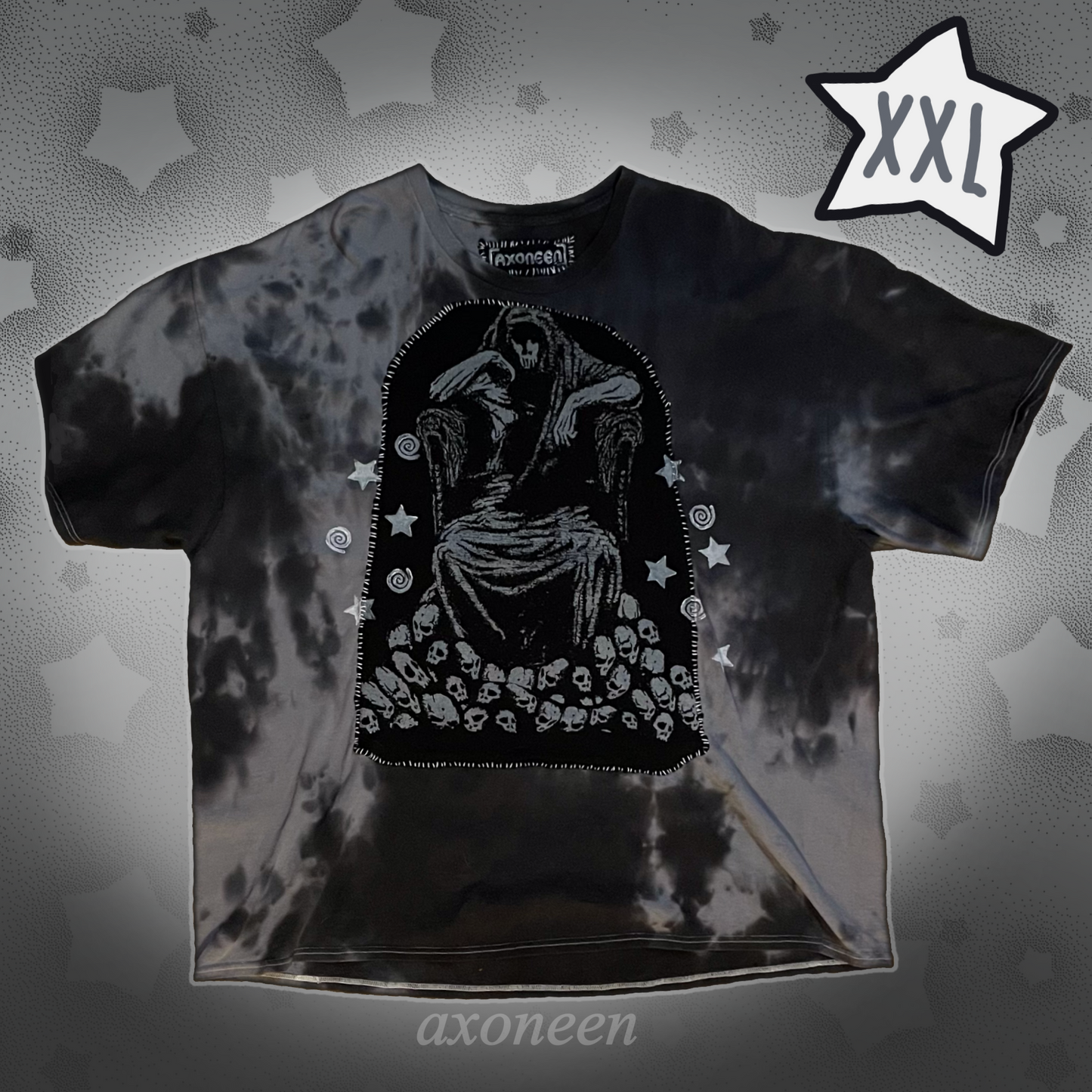 black tie dye grim reaper skull spiral star upcycled t-shirt! (2xl)