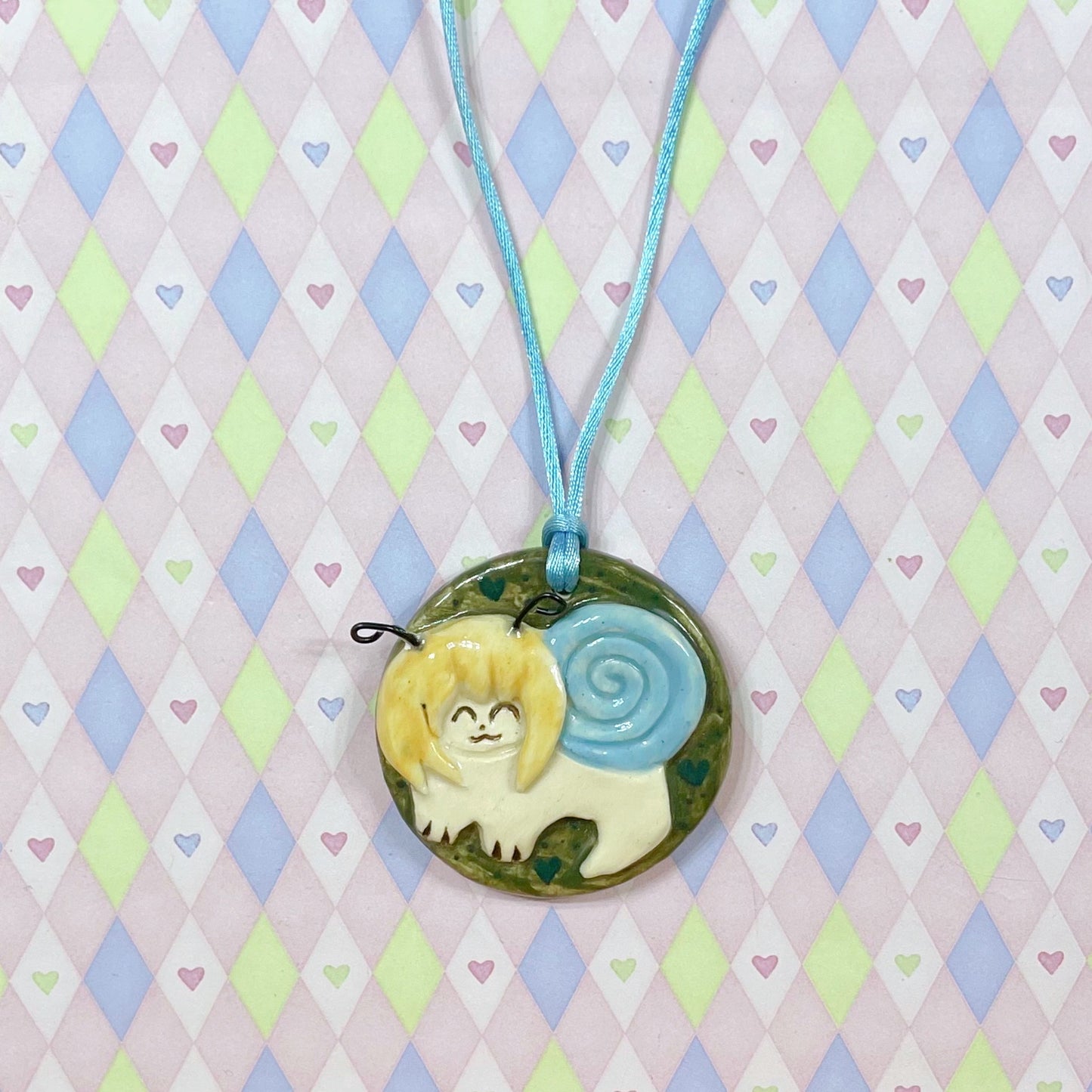 yellow & blue snailgirl kawaii ceramic stoneware necklace!