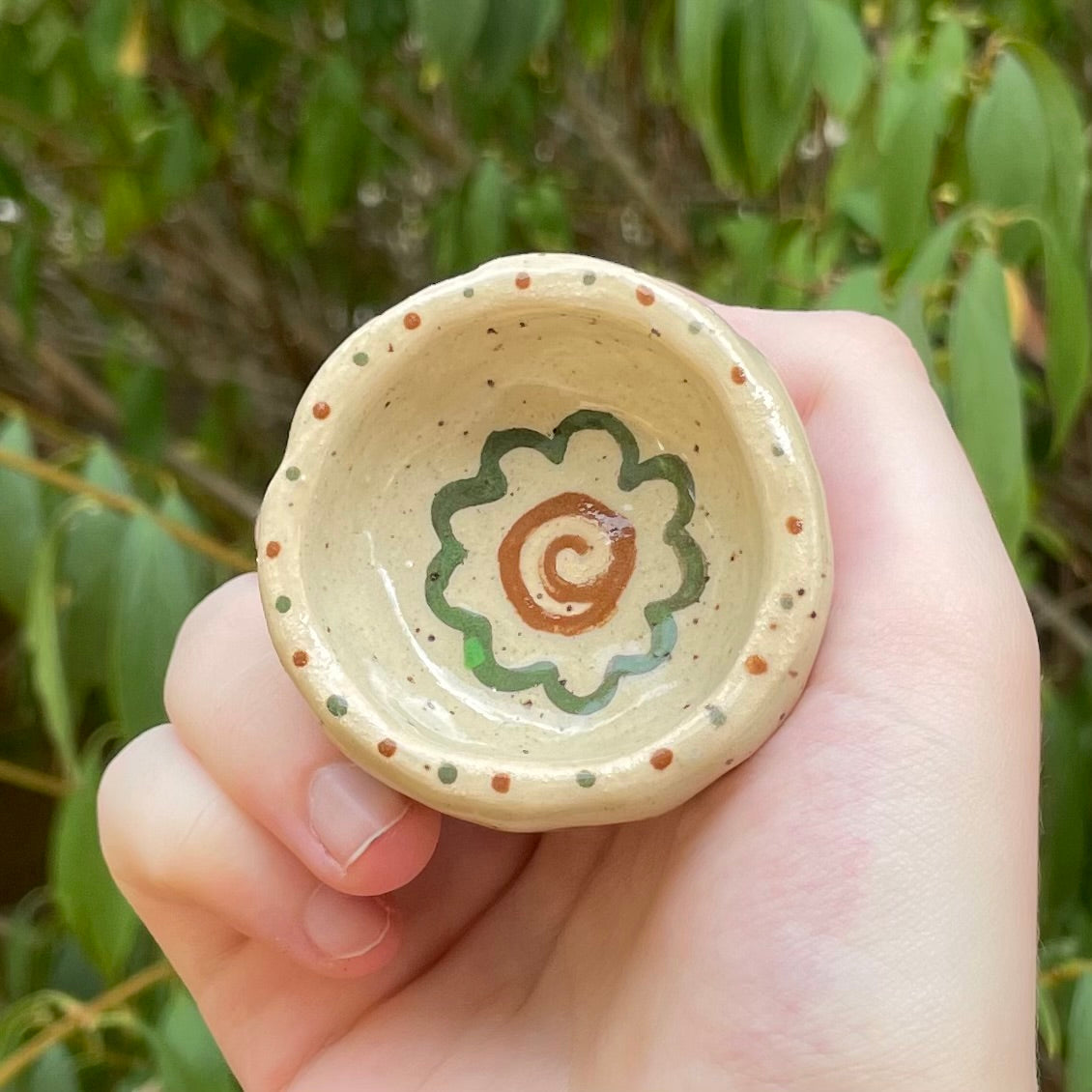 spiral flower brown green handmade small ceramic stoneware trinket dish!