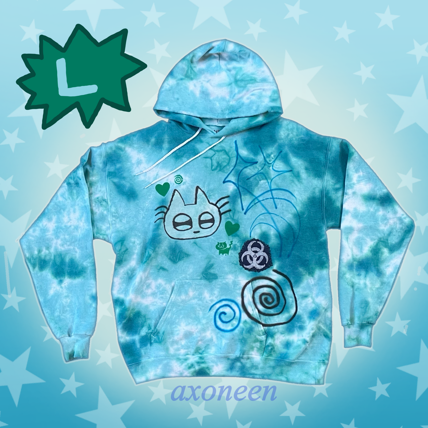teal tie dye cat biohazard airbrush hoodie! (large)