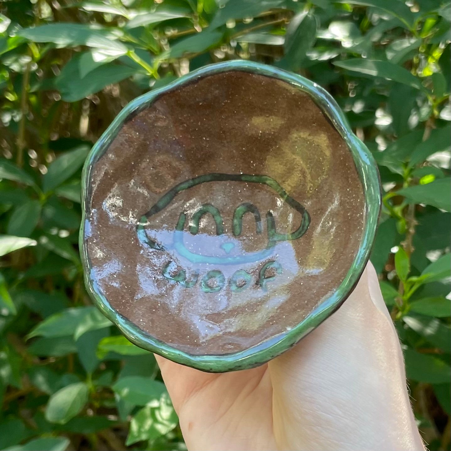 green & brown puppy dog woof handmade small ceramic stoneware dish!