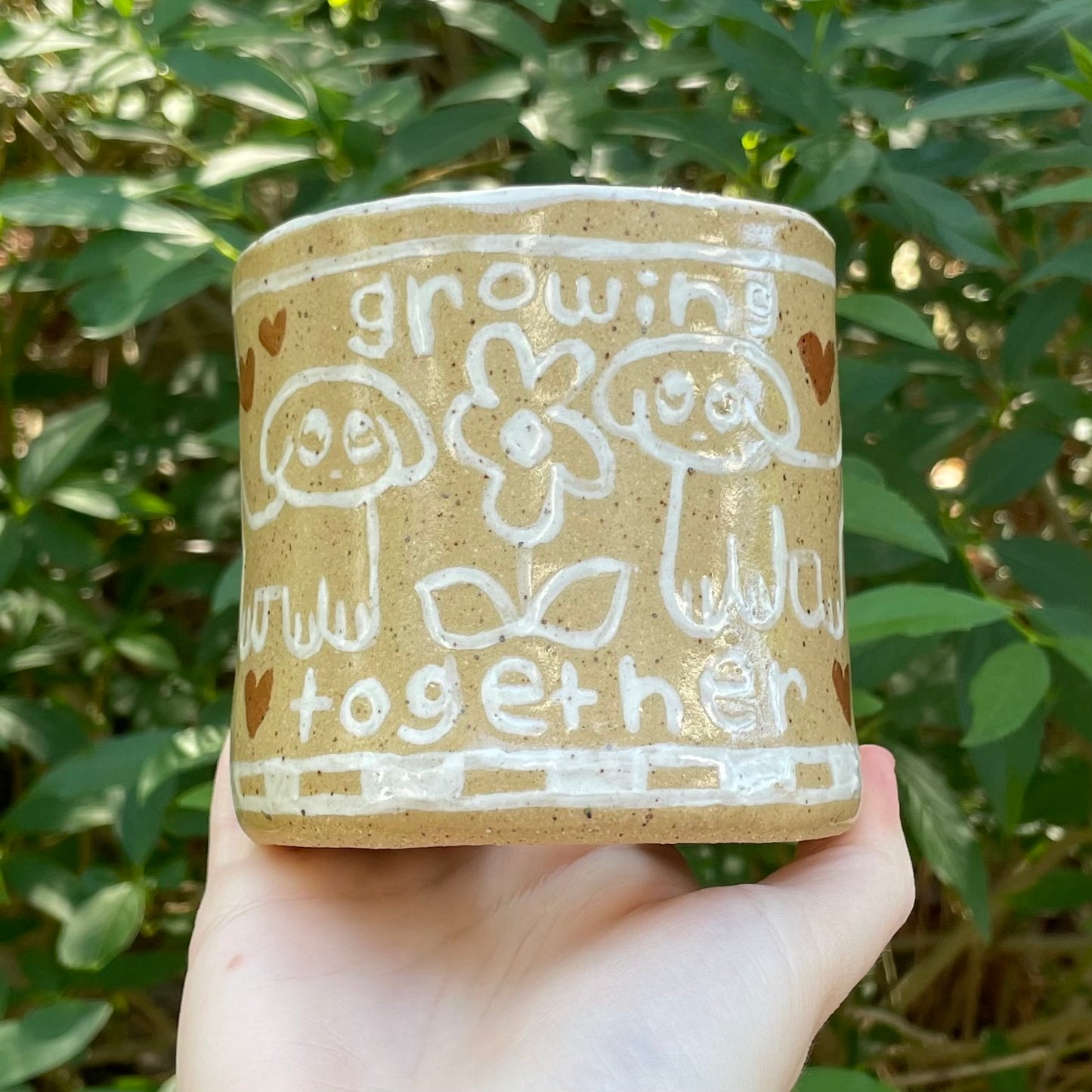 "growing together" puppy dogs tan & white ceramic stoneware flower pot!
