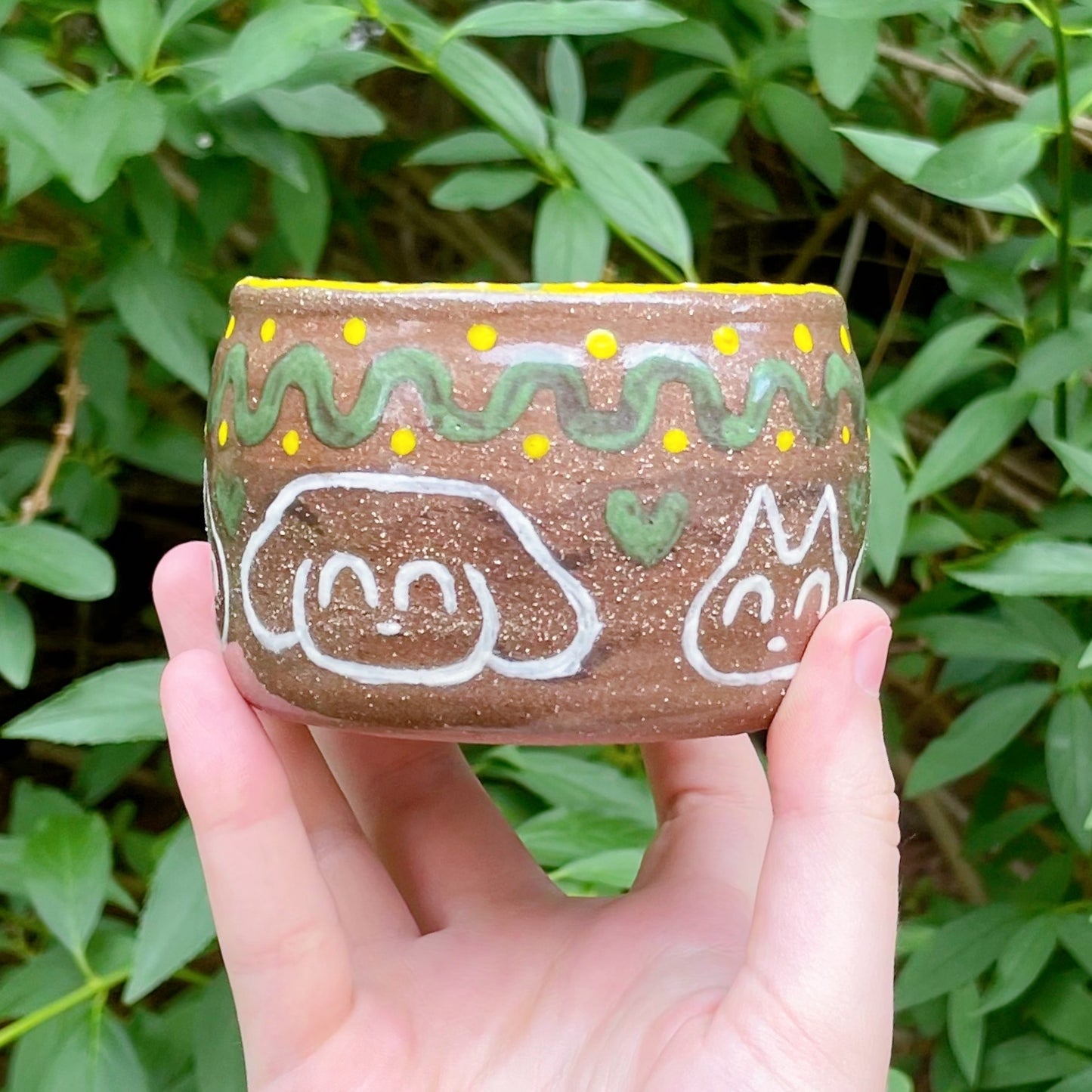 kitty puppy love yellow brown green kawaii stoneware ceramic bowl!
