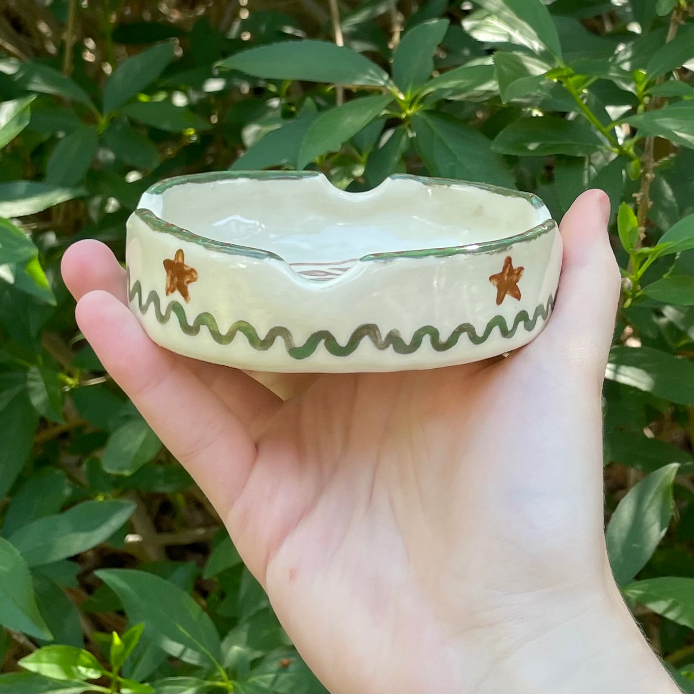 kitty puppy clover globe white brown green kawaii stoneware ceramic ashtray!