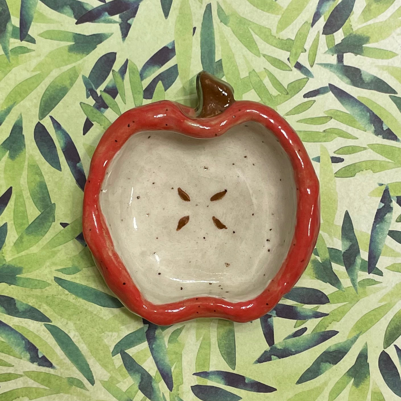 red & green apple handmade small ceramic stoneware trinket dishes!