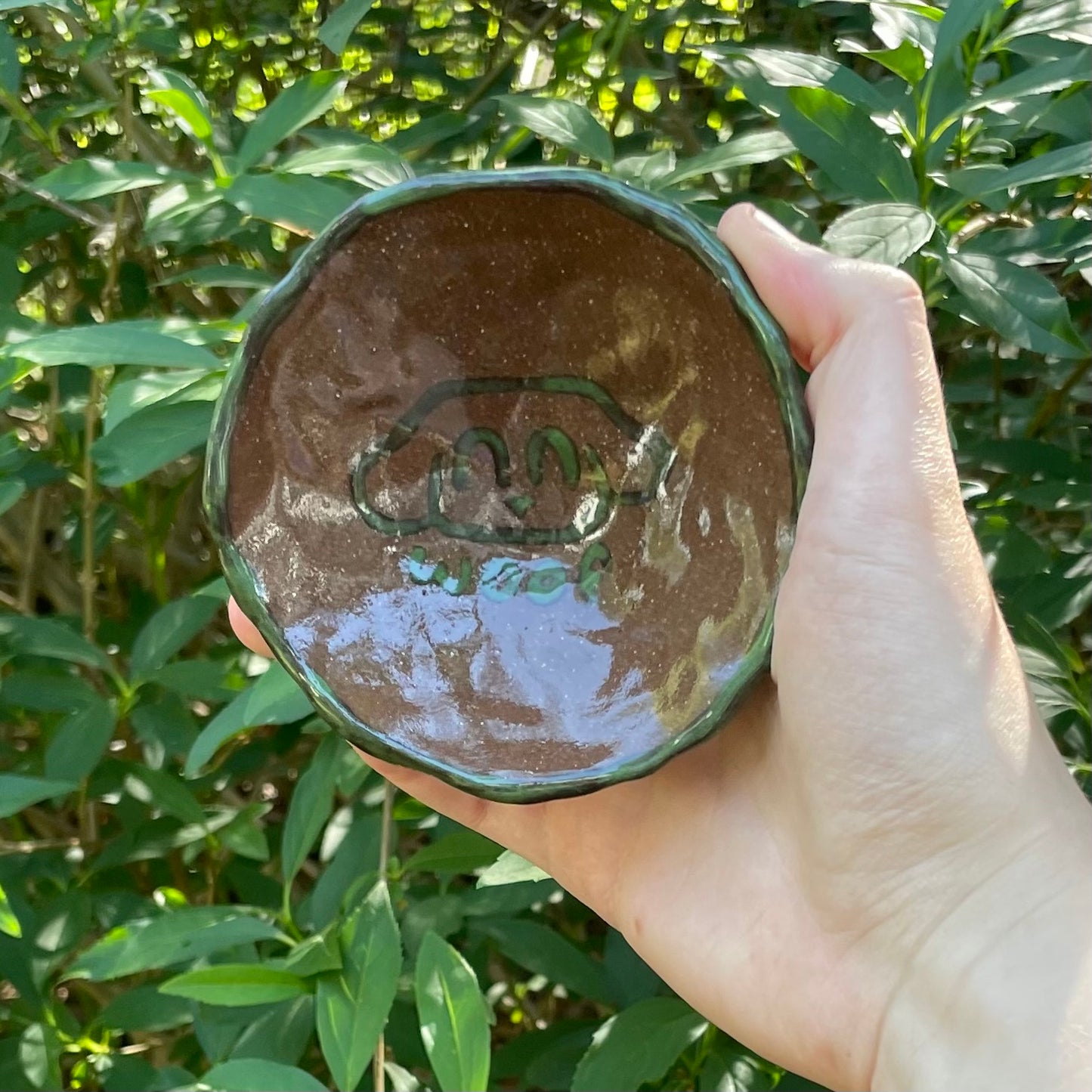 green & brown puppy dog woof handmade small ceramic stoneware dish!