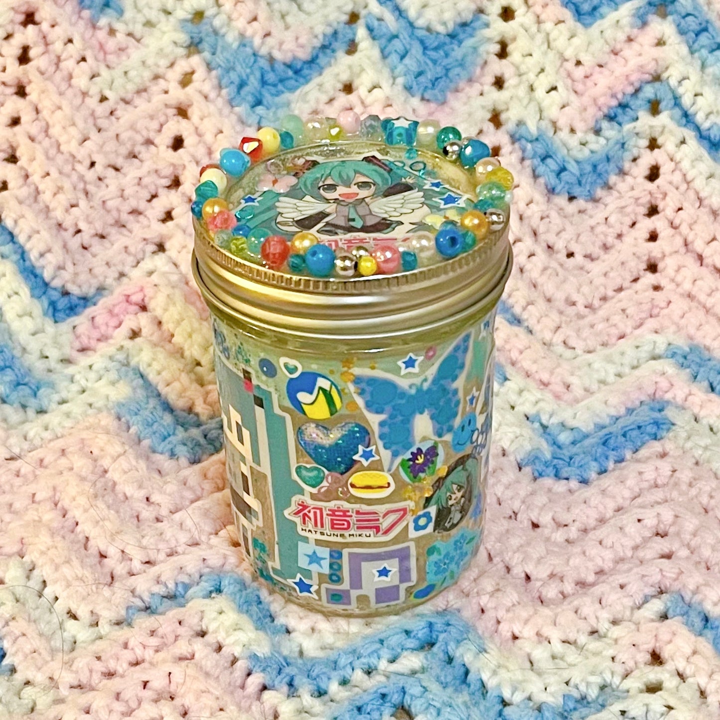 vocaloid kawaii sticker glitter bead decoden rainbow collage glass stash mason jars! (8oz.)