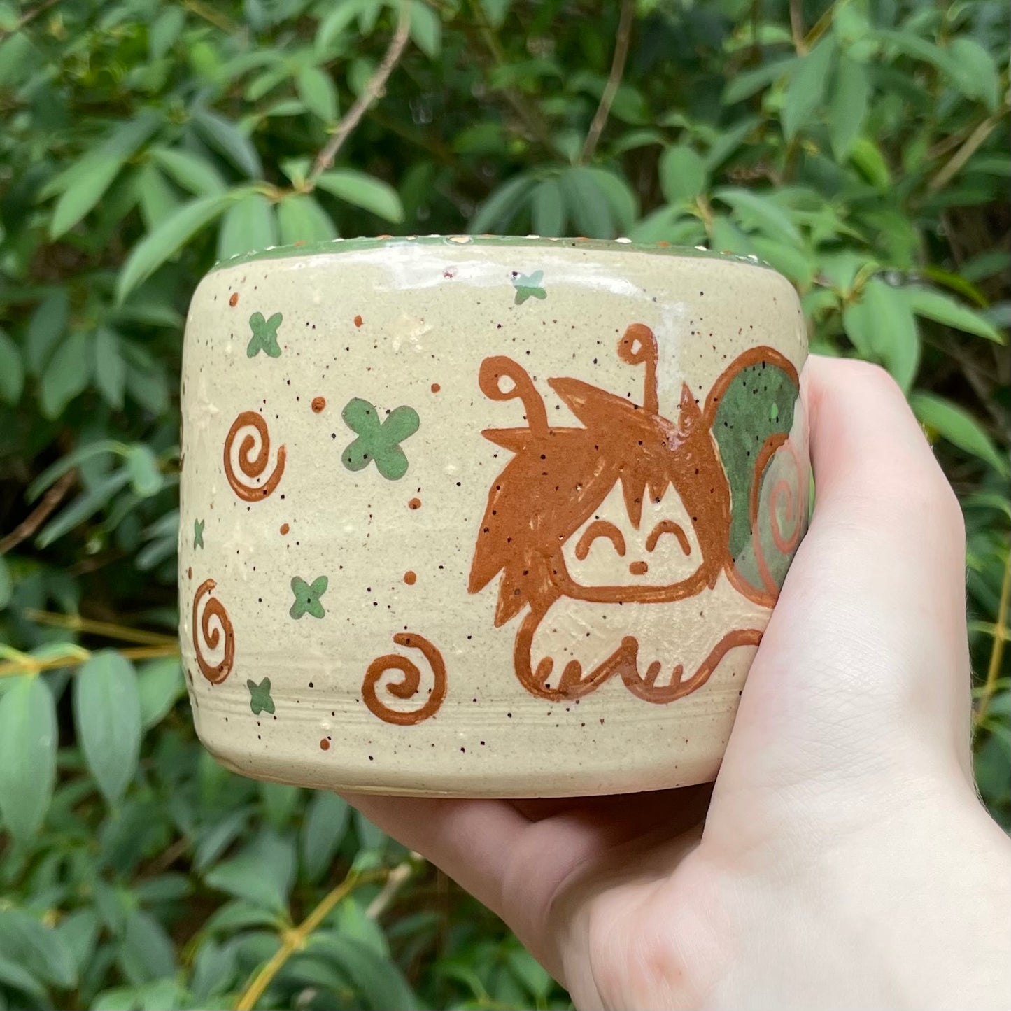 green brown snailgirl kawaii ceramic stoneware flower pot!