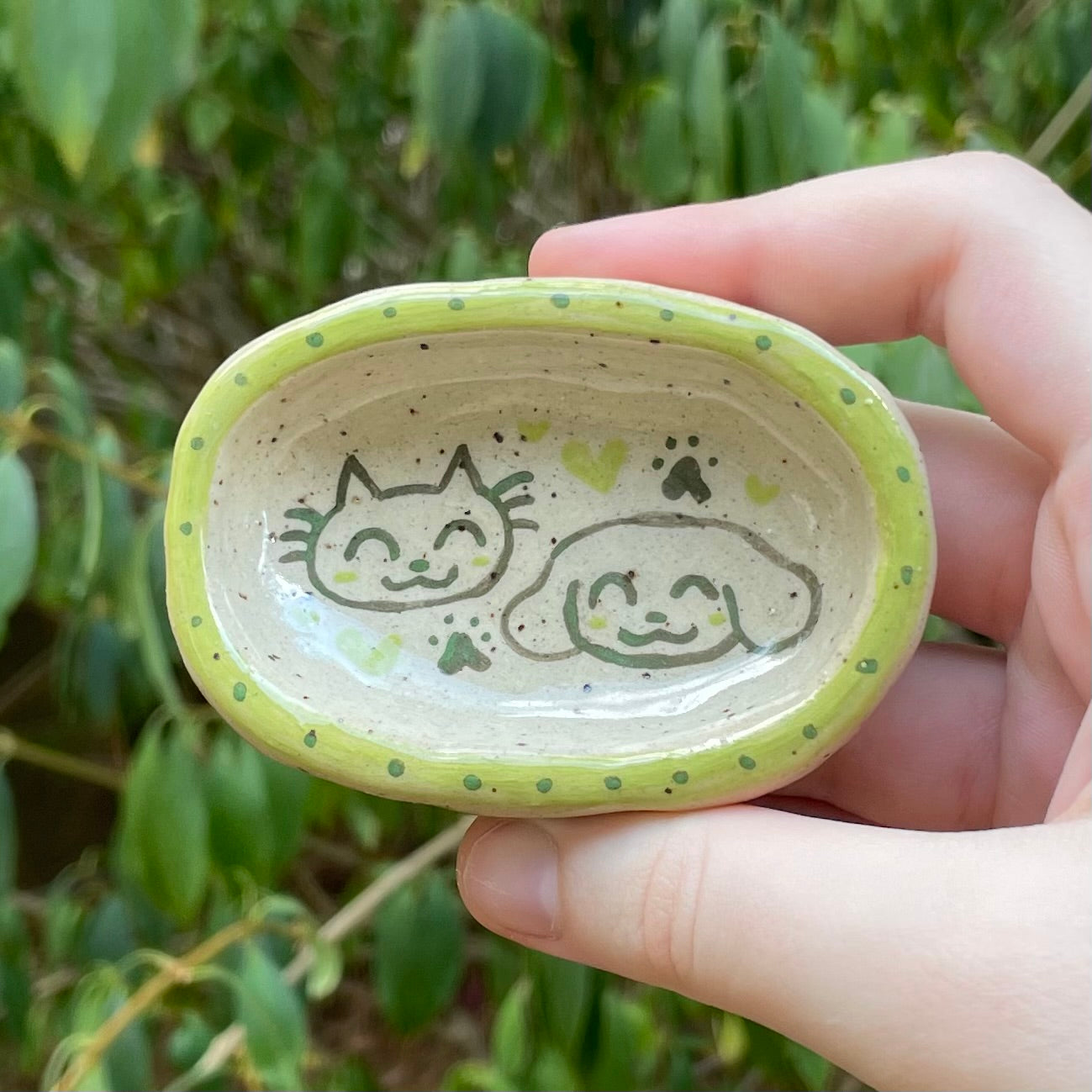 green puppy kitty handmade small ceramic stoneware oval trinket dish!