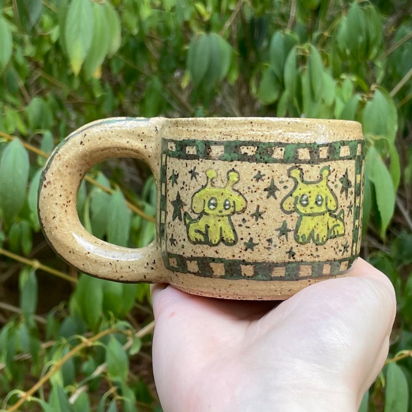 gneep gnarp green alien puppies handmade ceramic stoneware mug!