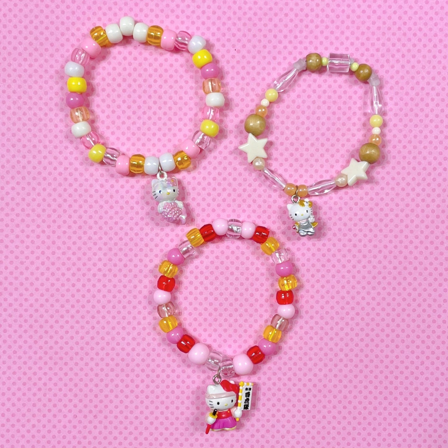 kawaii kitty 3 piece handmade kandi bracelet set!