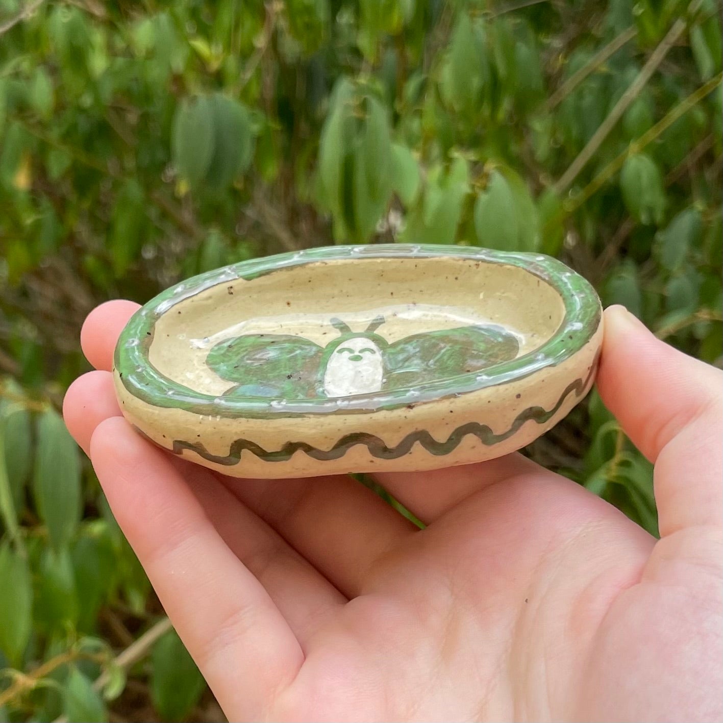 green butterfly handmade small ceramic stoneware oval trinket dish!