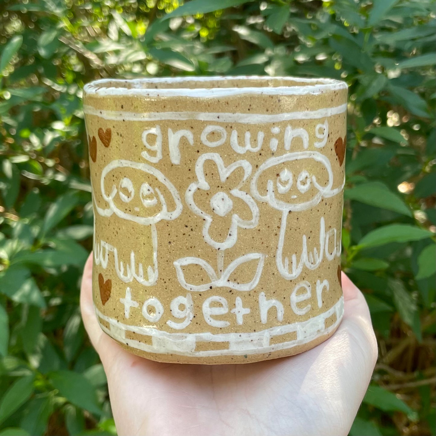 "growing together" puppy dogs tan & white ceramic stoneware flower pot!